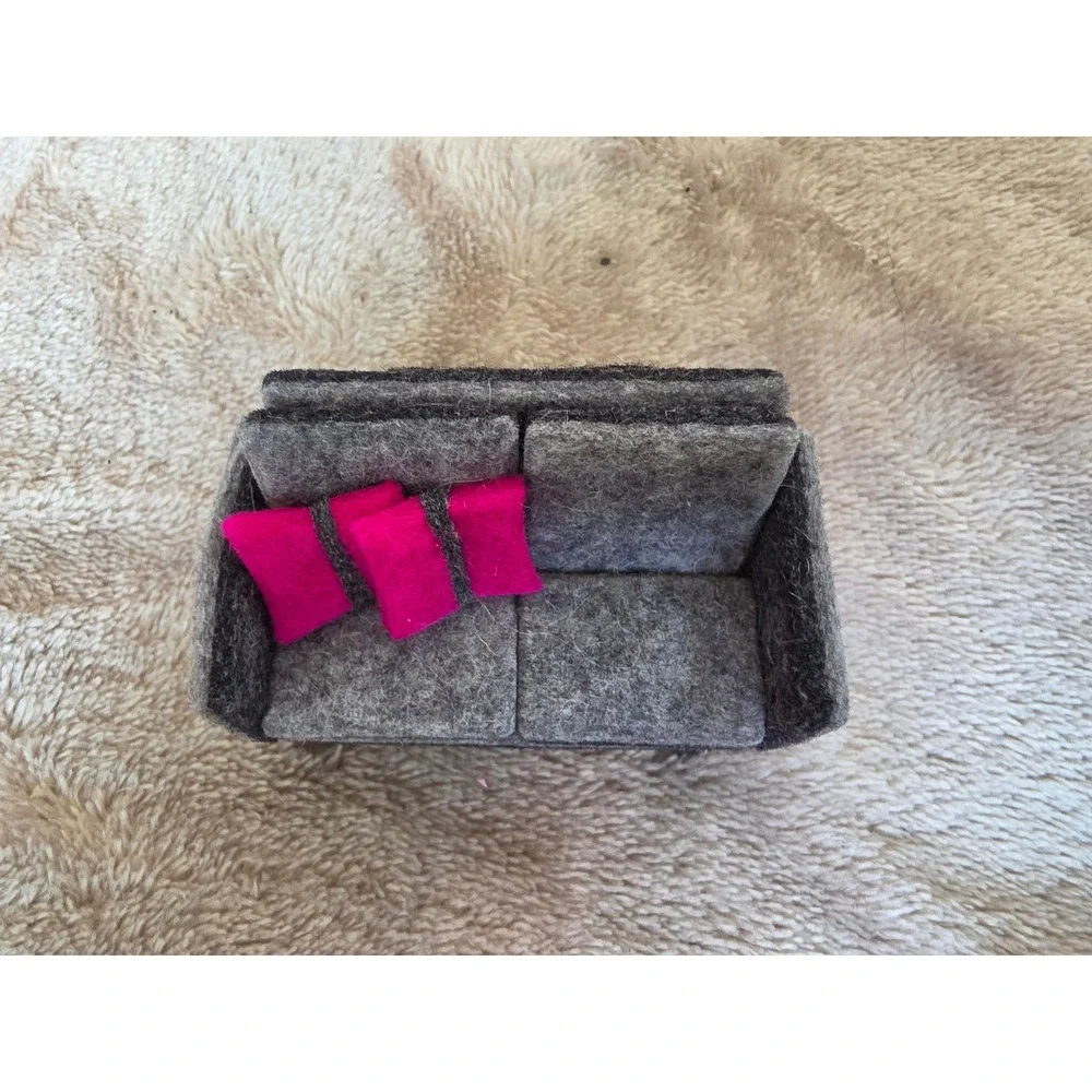 Handmade Felt Sofa Brooch Miniature Grey Couch Pink Pillows Novelty Pin 2.75in